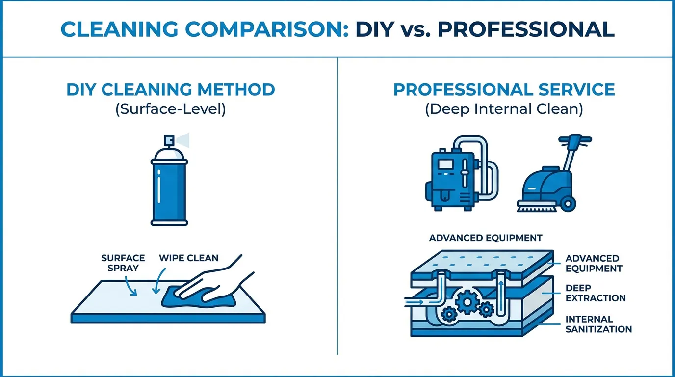 DIY sprays (Left) only reach the surface. Professional washing (Right) cleans the entire system.