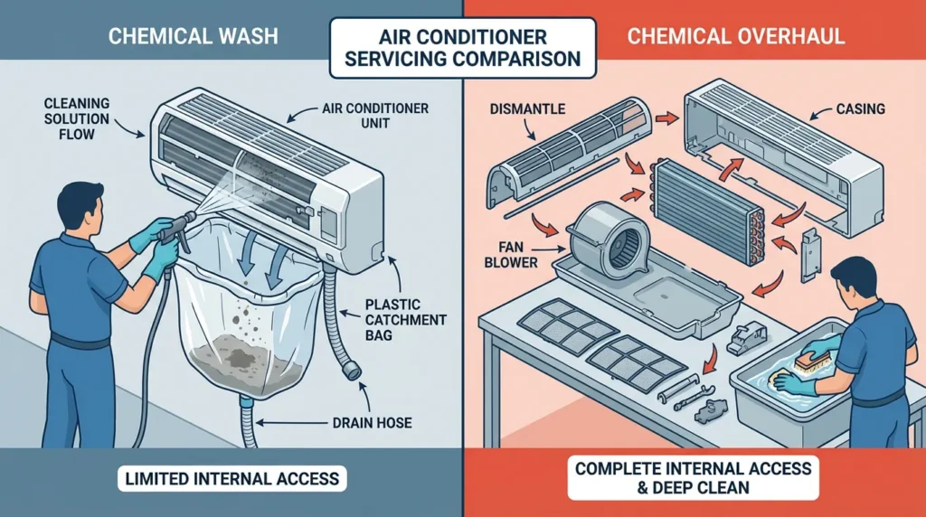 Visual comparison: Wash (On-Wall) vs. Overhaul (Off-Wall)